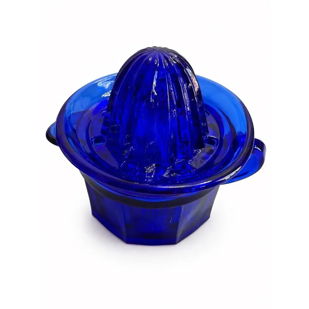 Vintage Cobalt Blue Glass Citrus Juicer, Reamer Set, Starburst Base, Kitchen